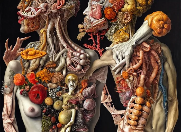Prompt: human figures by arcimboldo in a dramatic poses, extra limbs, inside a grand ornate room, highly detailed, expressive, surrealism, dystopian, painting by jenny saville and charlie immer, artstation