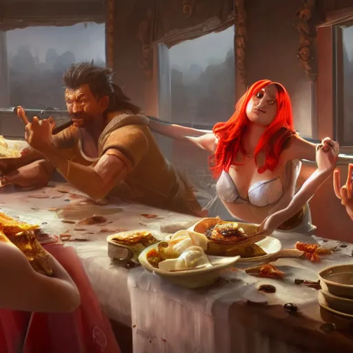 Image similar to A table-spread of amazing food hot and fresh, huggy wuggy from poppy playtime video game, fullbody, ultra high detailed, oil painting, Greg Rutkowski, Charlie Bowater, Yuumei, Yanjun Cheng, unreal 5, DAZ, hyperrealistic, octane render, RPG portrait, dynamic lighting, fantasy art, beautiful face