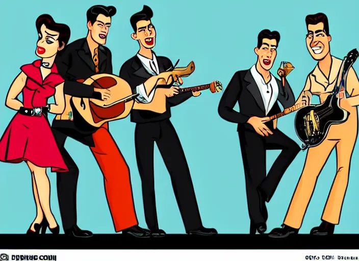 Image similar to rockabilly band in the style of archer cartoon, 1950s