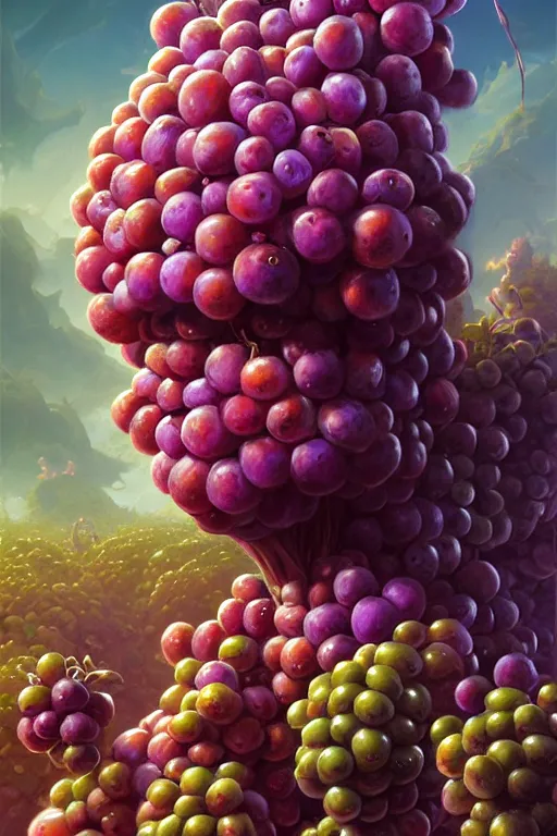 Prompt: christopher walken face as a big grape in a bunch of grapes on the vine, hyper detailed, digital art, artstation, cinematic lighting, studio quality, smooth render, by peter mohrbacher, hajime sorayama, wayne barlowe, boris vallejo, aaron horkey, gaston bussiere, craig mullins