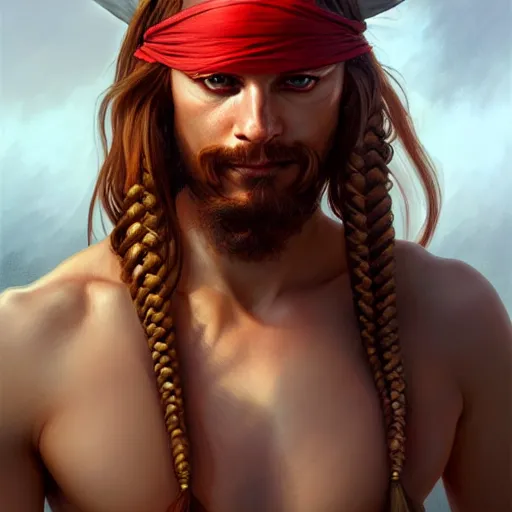 Prompt: Portrait of male pirate, D&D, handsome, amber eyes, muscular, fantasy, intricate, long half-braided hair, red hair, elegant, highly detailed, digital painting, artstation, concept art, smooth, sharp focus, illustration, art by artgerm and greg rutkowski and alphonse mucha