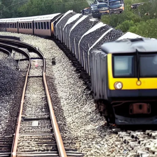 Prompt: man stops train and throws rocks to cars in the highway