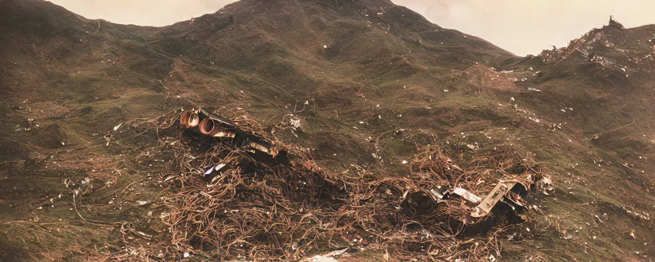 Prompt: panoramic of a world war 2 plane crashing into a spaghetti mountainside, cloudy, small details, intricate, canon 5 0 mm, high detail, intricate, cinematic lighting, photography, wes anderson, film, kodachrome
