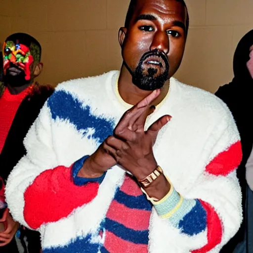 Prompt: photo of kanye west in clown makeup performing at a child's birthday party
