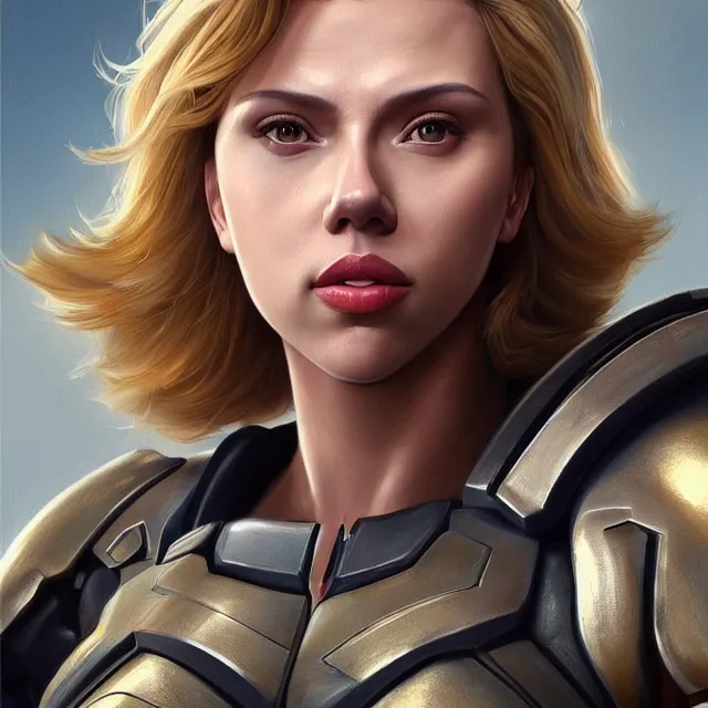 Image similar to detailed portrait of scarlett johansson as a female bodybuilder pharah from overwatch, attractive, beautiful, fantasy, intricate, elegant, highly detailed, digital painting, artstation, concept art, matte, sharp focus, illustration, art by aenaluck, artgerm and roberto ferri and greg rutkowski, epic fantasy, digital painting