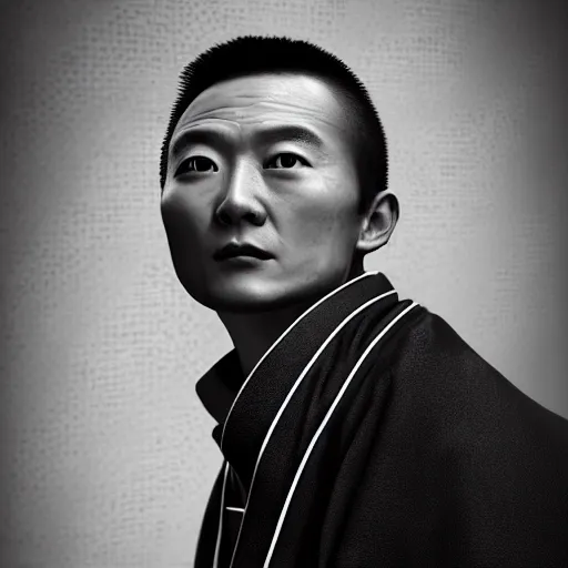 Image similar to portrait painting of a 3 0 - year - old chinese man, taoist priest, dressed in black and white taoist robe, like andy lau, immortal bone, affable ， wenjun lin, unreal engine 5 highly rendered, global illumination, radiant light, detailed and intricate environment