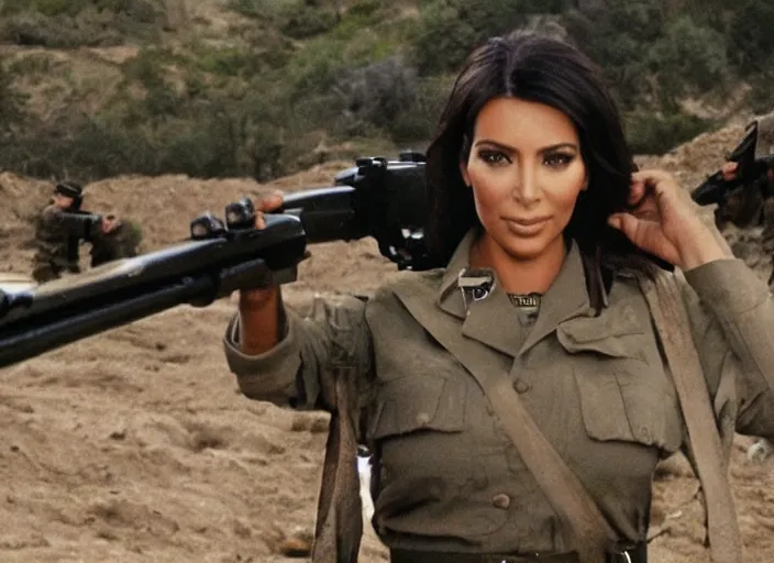 Image similar to a film still of kim kardashian as a soldier firing a rifle over a dirty trench with her top slightly open neckline. backround : warfield