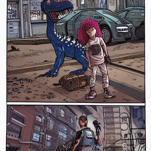 Image similar to intricate detailed full-page comic book cover illustration of a cyborg punk street kid with a pet dinosaur, no speech bubbles, cyberpunk