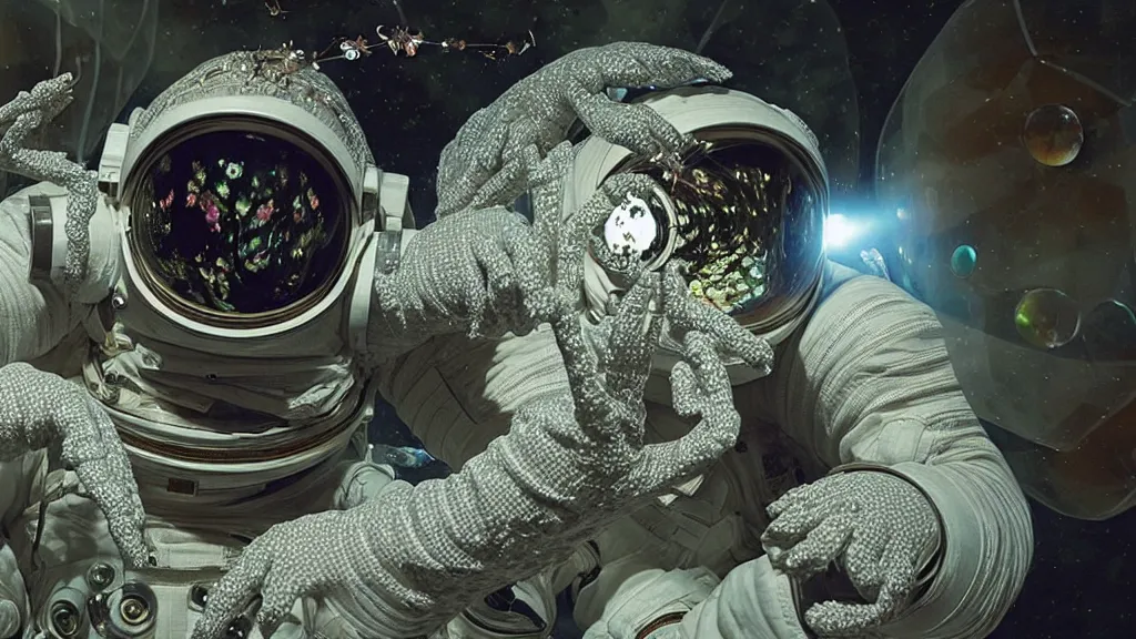 Image similar to a single astronaut eva suit covered in diamond 3d fractal lace iridescent bubble 3d skin and covered with insectoid compound eye camera lenses floats through the living room, film still from the movie directed by Denis Villeneuve with art direction by Salvador Dalí, wide lens,