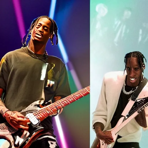 Prompt: Travis Scott playing on guitar at the stage, by studio Pixar,
