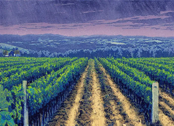 Prompt: blue woodcut vineyard landscape by greg rutkowski, fine details, highly detailed