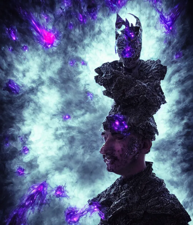 Image similar to impressive ominous front!! shot photo of a court jester character fine portrait fine portrait mesmerizing fractal hyper cubes platinum cracked dark future hyper dimensional space galactic crystal nebula edges elegant detailed intricate concept artstation sharp focus ray tracing cinematic masterpiece temporal corruption beeple wlop germ 8 4 k scifi glossy hyper realistic illustration canon eos r 3 fujifilm x - t 3 0 sony alpha a 6 6 0 0
