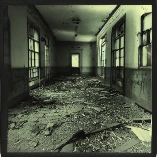 Image similar to polaroid photo of abandoned asylum with ghosts, scary, moody, dark, gloomy, paranoid