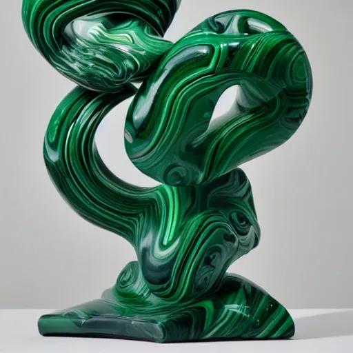 Prompt: abstract carved malachite sculpture, wiggly non rational shapes, fluid and dynamic, sharp and smooth, product photo