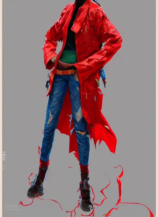 Prompt: full body long shot of Japanese female wearing red futuristic 1980s jacket and torn jean shorts, highly detailed, digital painting, artstation, concept art, sharp focus, illustration, art by greg rutkowski and alphonse mucha