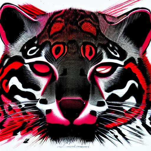 Image similar to abstract drawing of a neon black and red ocelot, 4k