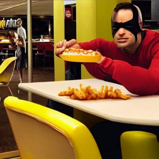 Image similar to daredevil eating in mcdonalds, marvel