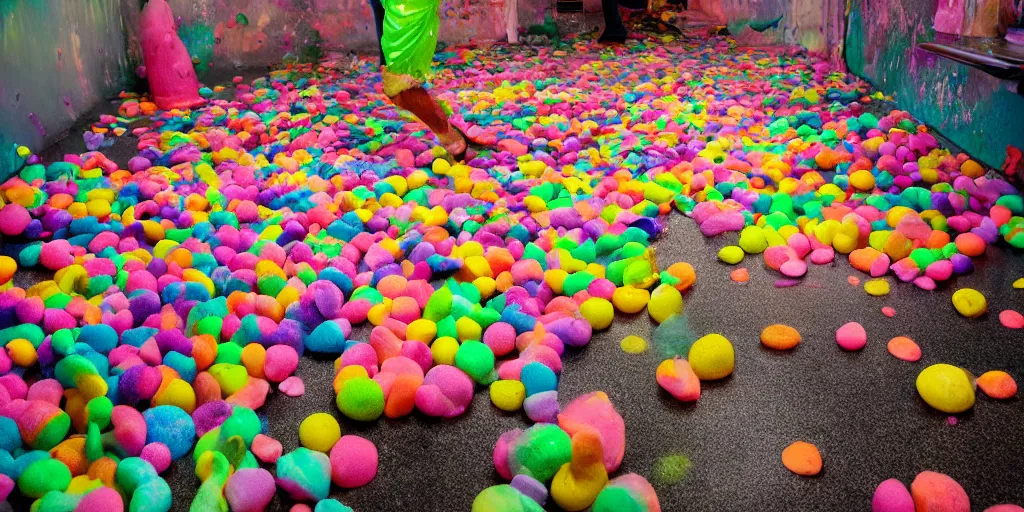 Image similar to a huge messy colorful puddle of runny rainbow sherbet on the floor of a abandoned ice cream parlor comes to life, the sherbet raises to stand in the shape of a evil clown with sharp scary fangs attacking. a legion of giant evil gummy bares are behind.