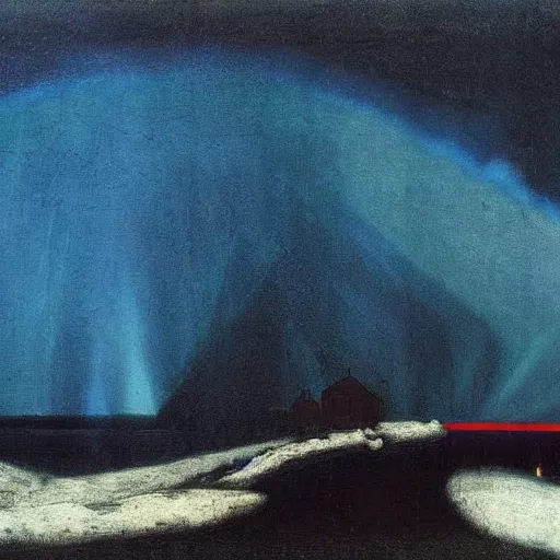 Image similar to the epic abstract painting'blue arctic void with black and red aurora borealis above a tiny inuit village ', by caspar david friedrich!!!, by rothko!!!, stunning masterpiece, trending on artstation