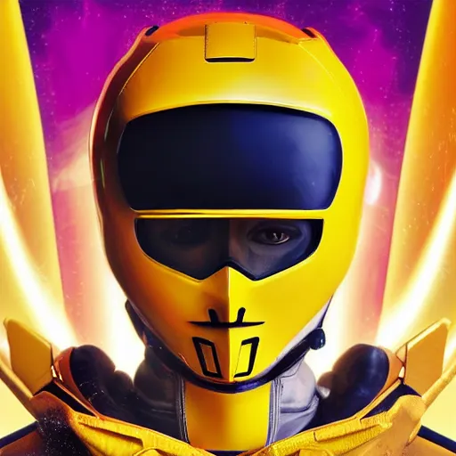 Image similar to symmetry!! portrait, head only, yellow ranger, thunderbolt - helmet!!, artstation, art by murata, art by oda echiiro, art by tatsuki fujimoto, lightning helmet, 3 d, jumpsuit, gloves, futuristic poster,