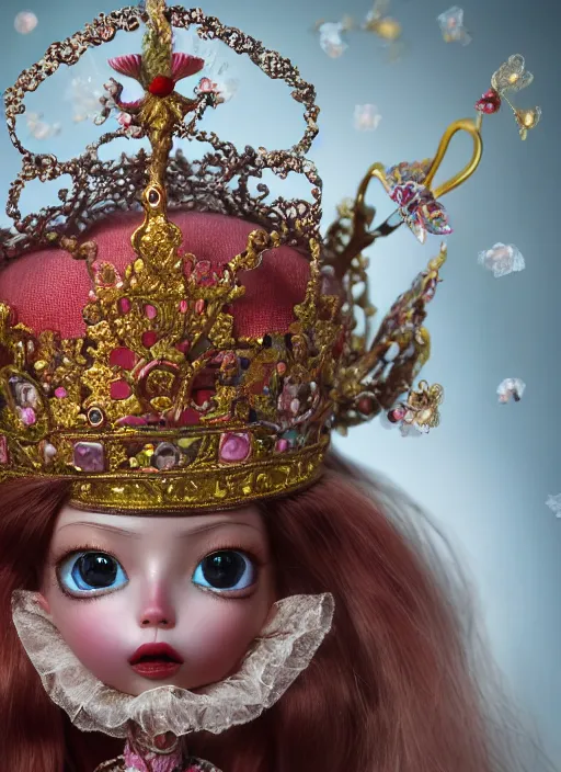 Image similar to closeup portrait of tin toy fairytale princess wearing a crown, depth of field, zeiss lens, detailed, symmetrical, centered, fashion photoshoot, by ray caesar, nicoletta ceccoli, mark ryden, lostfish, breathtaking, 8 k resolution, extremely detailed, beautiful, establishing shot, artistic, hyperrealistic, octane render