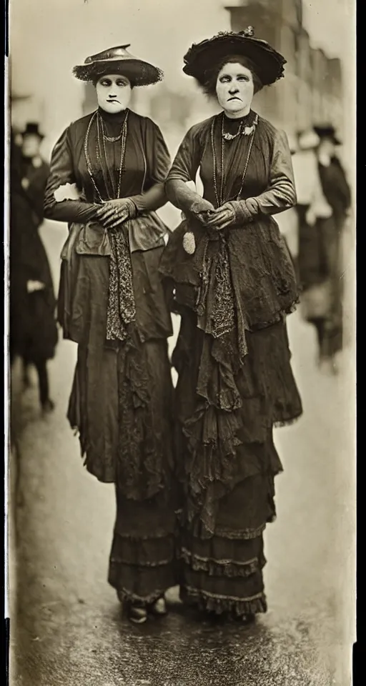 Image similar to wet plate photograph, fashionable ladies on the streets of San Francisco, 1908, realistic faces