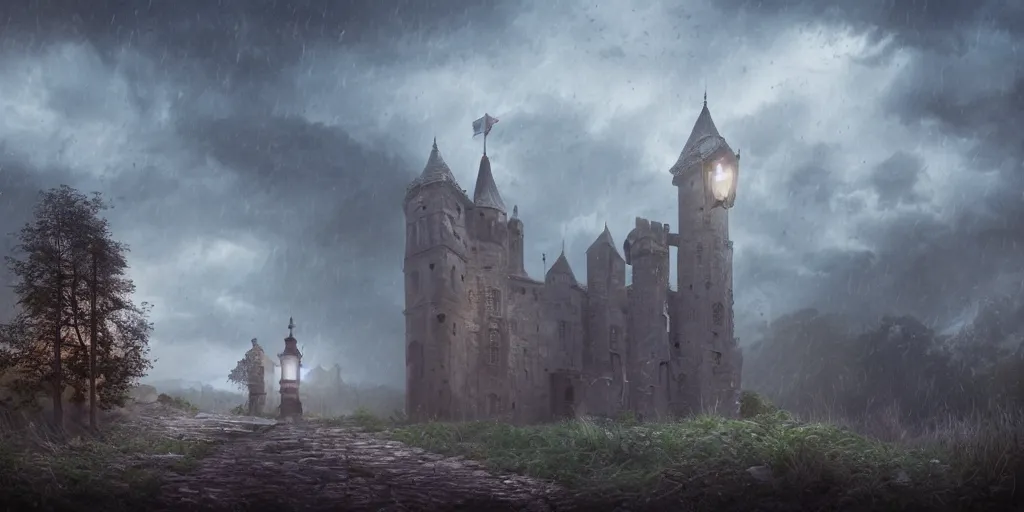 Image similar to matte painting, castle, dramatic landscape, overgrown, cinematic, overcast, lantern light, rain