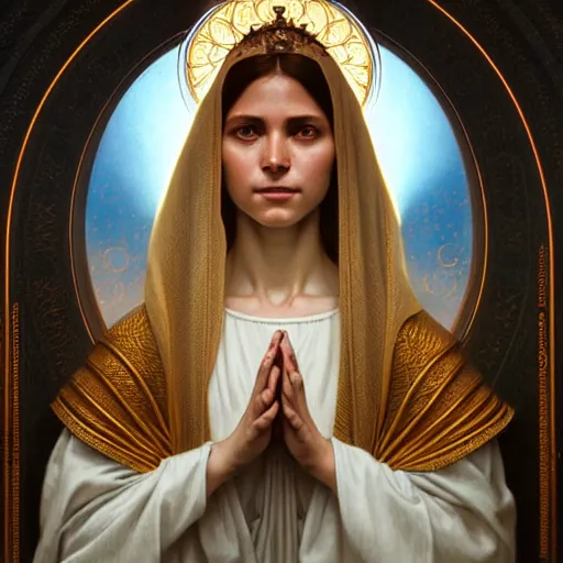 Image similar to portrait painting of a our lady of fatima, ultra realistic, concept art, intricate details, highly detailed, photorealistic, octane render, 8 k, unreal engine. art by artgerm and greg rutkowski and magali villeneuve and alphonse mucha