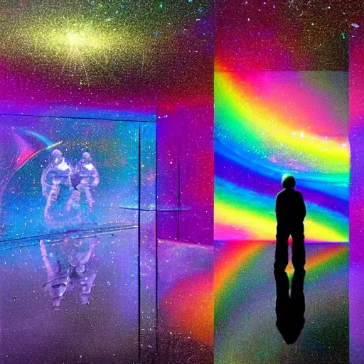 Image similar to astronaut in a room full of mirrors reflecting him, prism, rainbow glitter