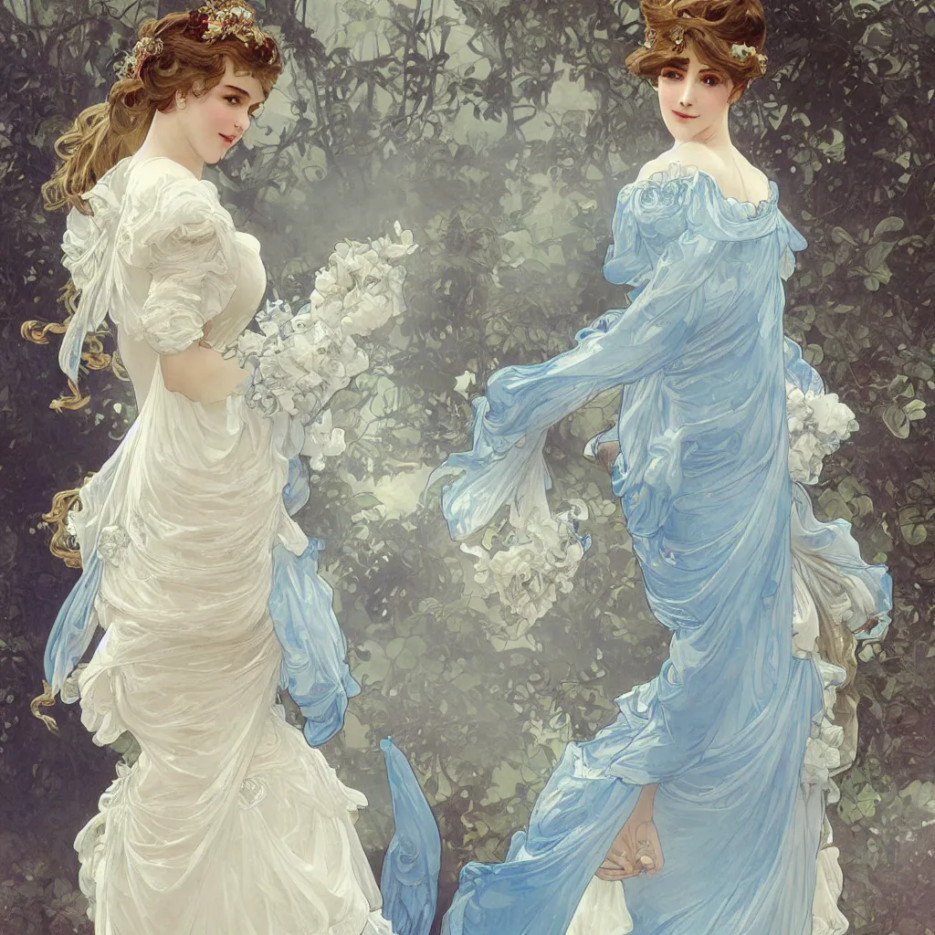 Image similar to lady dressed in a vaporous wrapped large victorian cream roses silk semi-transparent blue and cream dress fashion is running D&D, fantasy, intricate, elegant, highly detailed, digital painting, artstation, concept art, matte, sharp focus, illustration, art by and Alphonse Mucha