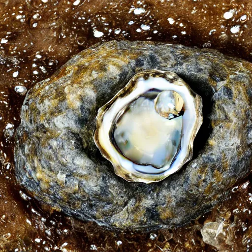 Prompt: an oyster in the water, smiling and looking up at the camera, rocks surround it in a light current of water