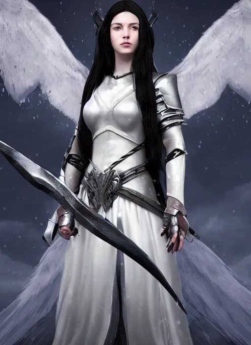 Image similar to An epic fantasy comic book style portrait painting of a pale girl with long black hair, she is wearing a knight armor, white angel wings, holding a sword, Unreal 5, DAZ, hyperrealistic, octane render, cosplay, RPG portrait, dynamic lighting