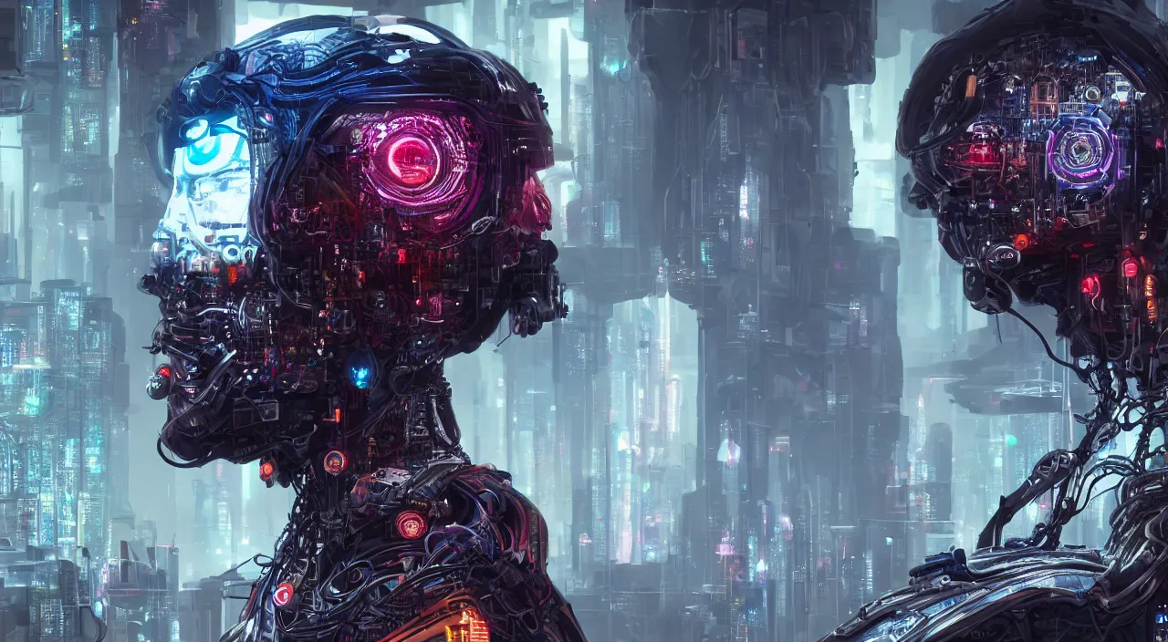 Image similar to portrait of a biophilic cyborg with psychedelic eyes, in background cyberpunk landscape, ultra realistic, concept art, intricate details, highly detailed, photorealistic, octane render, 8 k