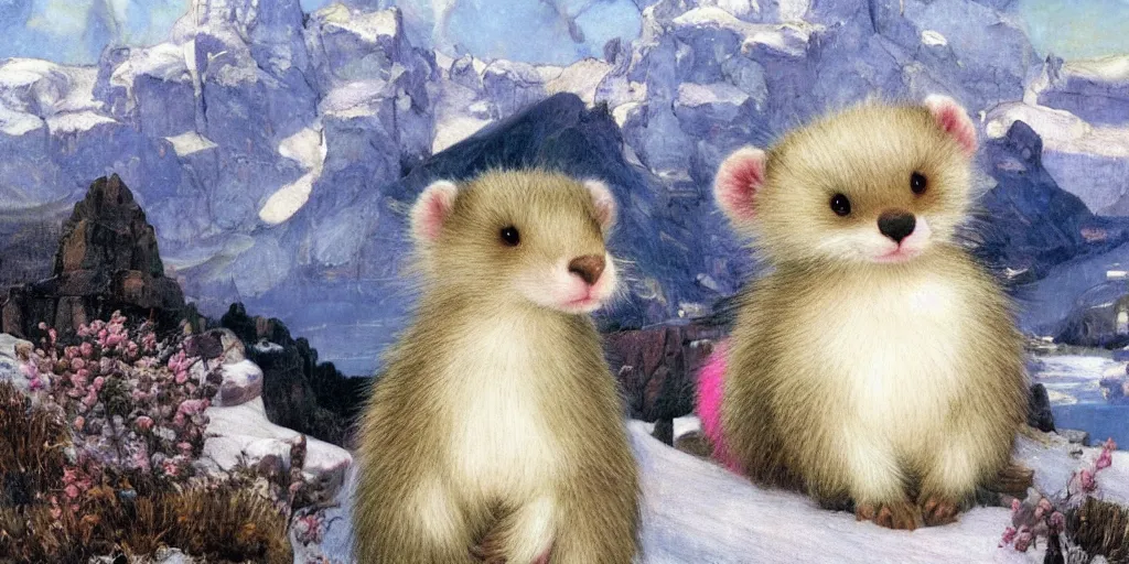 Prompt: 3 d precious moments plush weasel with realistic fur and an blue / white / gray / green / pink / tan / mid pink / blue gray color scheme, snowy mountain landscape, master painter and art style of john william waterhouse and caspar david friedrich and philipp otto runge