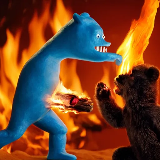 Image similar to UHD candid photo of Cosmic Cornholio torching Smokey The Bear on fire, UHD, photorealistic, correct face, photo by Annie Leibowitz