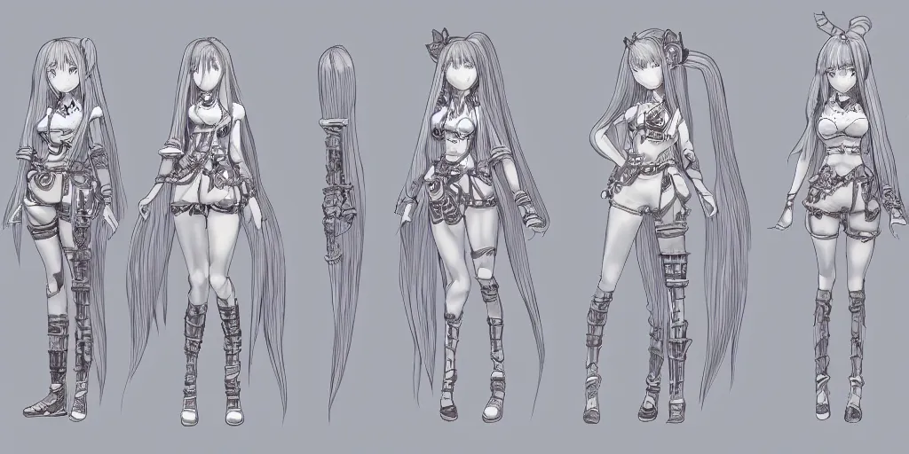 Prompt: anime woman, long braids, fantasy theme, t pose, orthographic view, front side/back/view character sheet, three views, lineart, varying thickness, manga pen, traditional art, Indian ink, in the style of Final Fantasy IX, 3D modeling concept sheet, white background