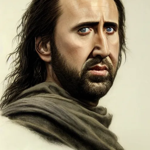 Prompt: portrait of nicolas cage as aragorn, by alan lee, lord of the rings, smooth, detailed terrain, oil painting, matte painting, concept art, trending on artstation, promotional artwork, film still, elegant, photorealistic facial features, intricate, detailed face, cinematic lighting