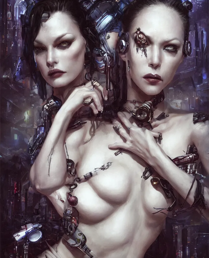 Image similar to a realistic portrait of a seductive cyberpunk woman, artstation contest winner, dark art, gerald brom, michael hussar, gothic, body horror, cronenberg