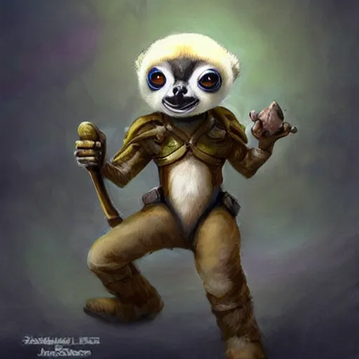 Image similar to cute little anthropomorphic sifaka progenitor wearing boots of the alien, tiny, small, miniature animal, baby animal, short, pale blue armor, cute and adorable, pretty, beautiful, DnD character art portrait, matte fantasy painting, DeviantArt Artstation, by Jason Felix by Steve Argyle by Tyler Jacobson by Peter Mohrbacher, cinematic lighting