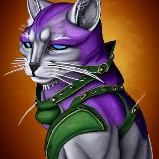 Image similar to d & d style, upper body portrait, tabaxi male, wearing studded leather, left eye green, right eye purple.