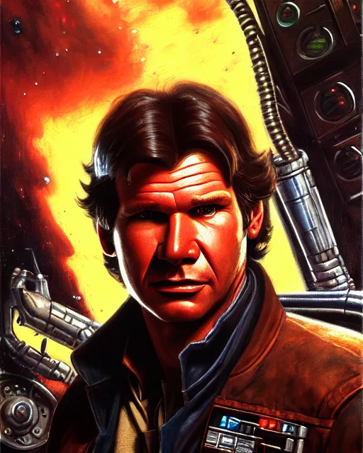 Image similar to character portrait closeup 4 0 years old han solo harrison ford cyberpunk starcraft terran warhammer 4 0 k space marine, confident, character design, painting by gaston bussiere, katsuya terada, frank frazetta, tom of finland, wlop, artgerm, dan mumford, action pose, trending on artstation