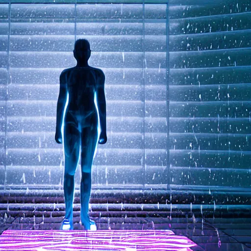 Prompt: a human sculpture made out of rain, neon, beautiful, rendered in octane, unreal engine, realistic