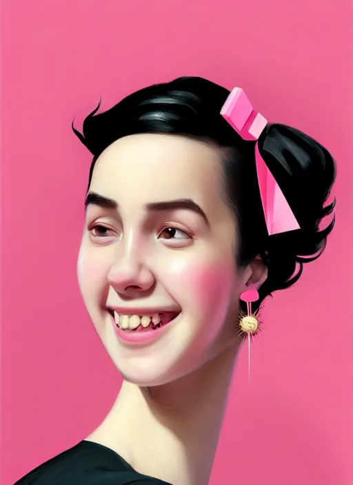 Image similar to portrait of high school girl, realistic, black hair, bangs, half updo hairstyle, pointy nose, skinny, smile, ugly, defined jawline, big chin, pink hair bow, earrings, intricate, elegant, glowing lights, highly detailed, digital painting, artstation, sharp focus, illustration, art by wlop, mars ravelo and greg rutkowski