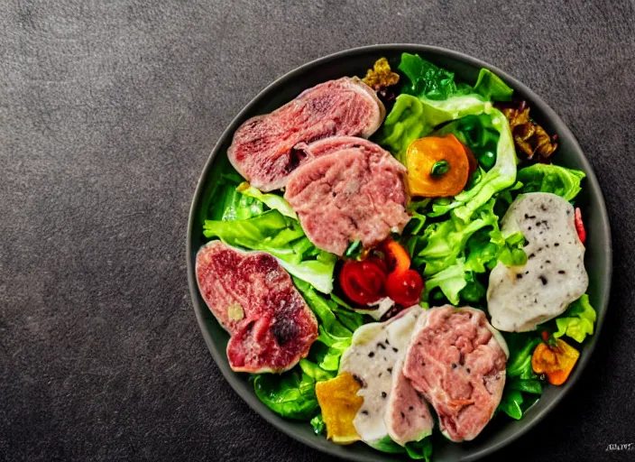 Image similar to dslr food photograph of salad with cow tounges, 8 5 mm f 1. 8