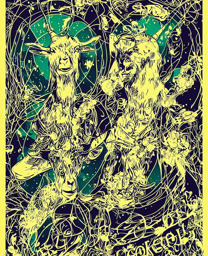 Image similar to goats in space!! smoking cannabis!! art nouveau vector graphic poster!, grunge retro,
