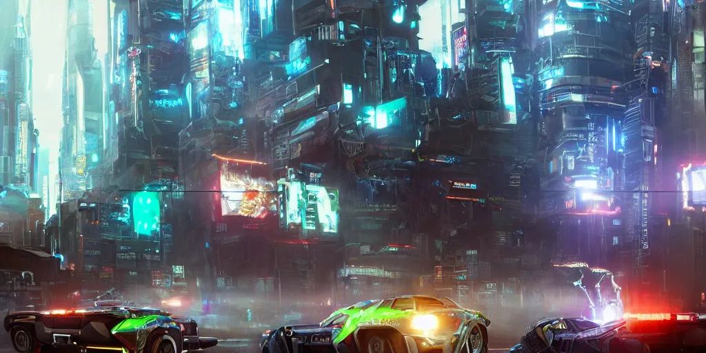 Prompt: exterior shot, ready player one, police department, scifi futuristic vehicles, robots , people , neon lights, james gurney, katsuhiro otomo, james paick, cinematic lighting, artstation, vibrant nature, anime style, Craig Mullins, Greg Rutkowski, Pete Morbacher, Tuomas Korpi, tekkon kinreet, volumetric light, artstation, , octane render, redshift render, low angle camera, HDRI