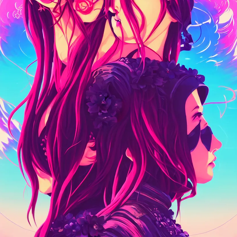 Image similar to symmetrical side portrait of a cute modern gothic anime girl with synthwave flower background, gloomhaven, colorful swirly retrowave style fantasy portrait, by sachin teng, greg rutkowski, jesper ejsing, ilya kuvshinov, extremely detailed digital art, trending on artstation, masterpiece 4 k,