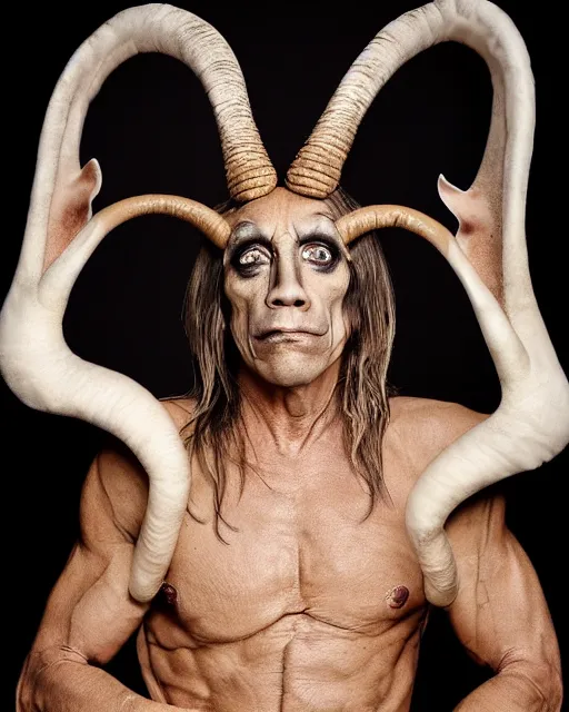 Image similar to singer Iggy Pop in Elaborate Pan Satyr Goat Man Makeup and prosthetics on stage with large goat ears designed by Rick Baker, Hyperreal, Head Shots Photographed in the Style of Annie Leibovitz, Studio Lighting