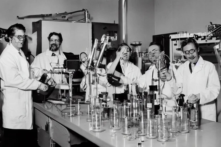 Prompt: recent photograph of reckless!!! whimsical! scientists in a lab inventing a new flavor of soda!!!, presentation, slide show, beakers