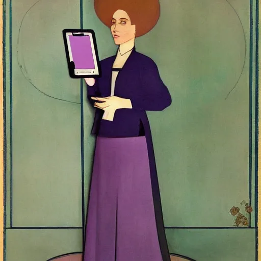 Image similar to a 2 1 st century jugendstil dress, woman with ipad